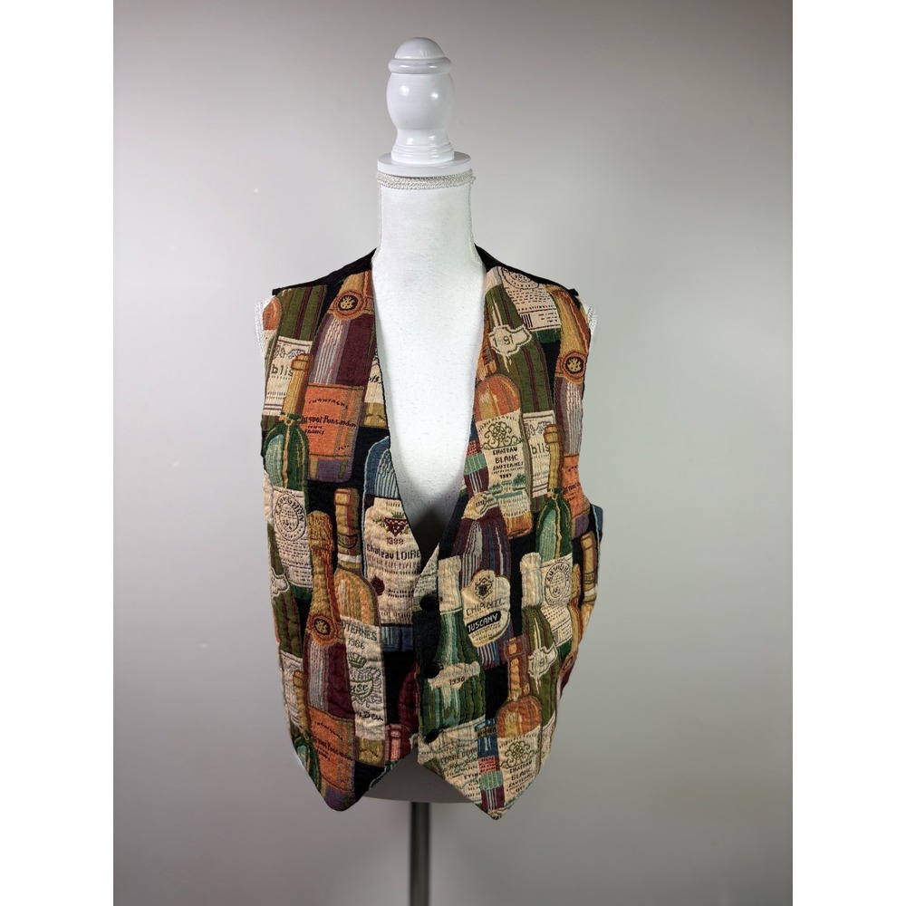 Vintage Chris's Stuff Wine Bottle Tapestry Vest L Made in USA Sommelier V-Neck